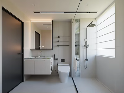 Bright Modern Minimalist Bathroom Interior With LED Mirror Floating Vanity Smart Toilet And Glass Shower 3d model
