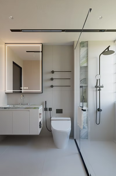 Bright Modern Minimalist Bathroom Interior With LED Mirror Floating Vanity Smart Toilet And Glass Shower 3d model