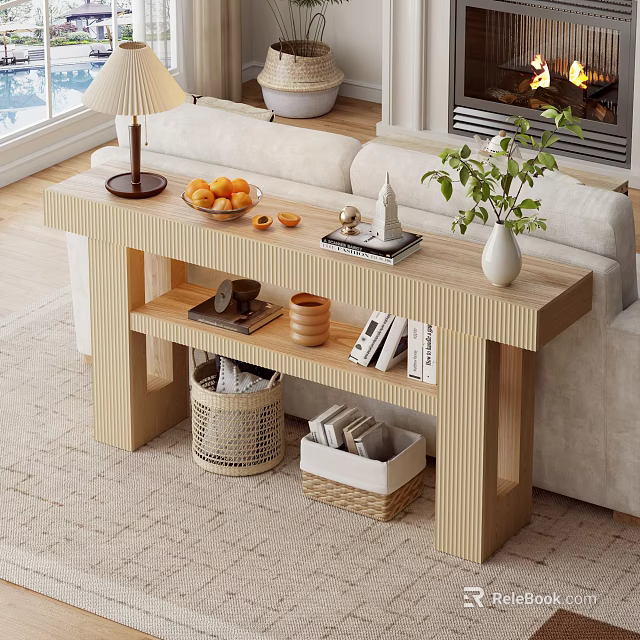 Cozy Living Dining Room Interior With Wooden Console Table Oranges Books And Baskets 3d model 