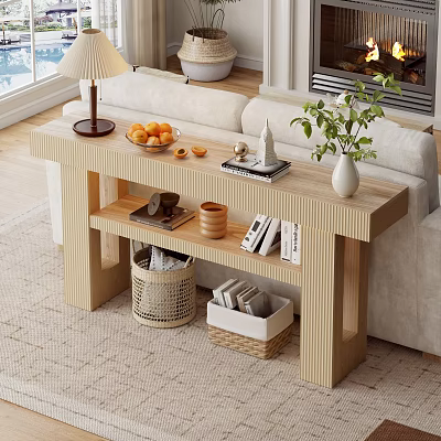 Cozy Living Dining Room Interior With Wooden Console Table Oranges Books And Baskets 3d model
