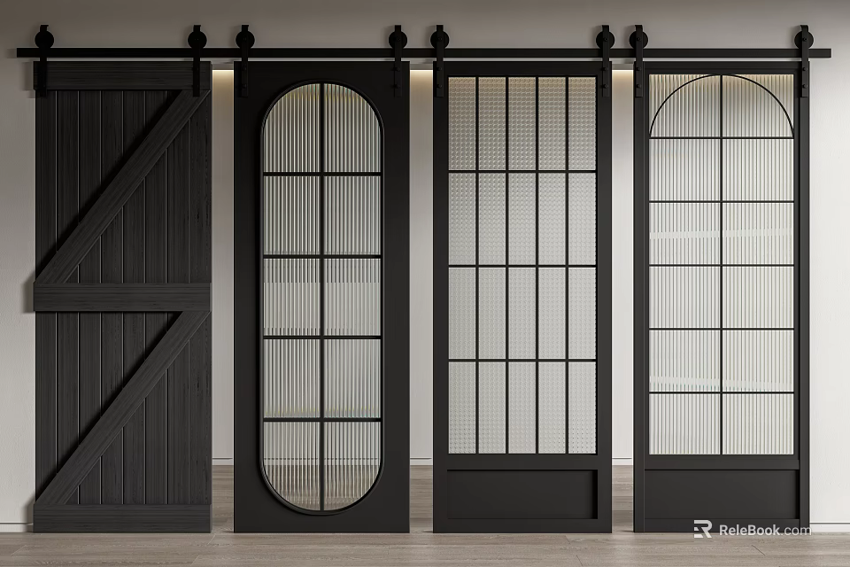 Barn Door Design Ideas Featuring Wooden Panel And Glass Grid Sliding Interior Styles 3d model 