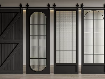 Barn Door Design Ideas Featuring Wooden Panel And Glass Grid Sliding Interior Styles 3d model