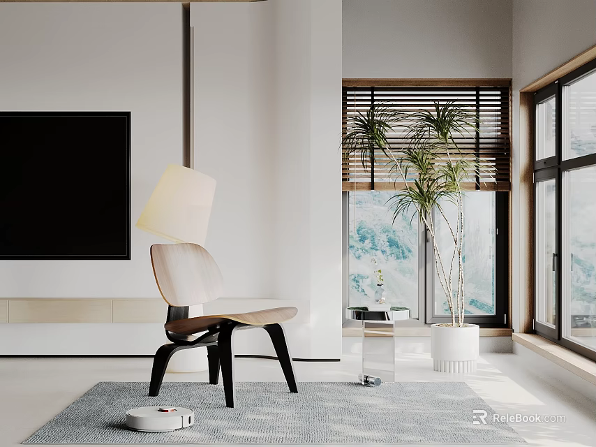 Leisure Chair in Modern Living Room with Floor Lamp Potted Plant Gray Rug and Window 3d model 