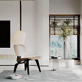 Leisure Chair in Modern Living Room with Floor Lamp Potted Plant Gray Rug and Window