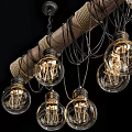 Vintage Decorative Chandelier With Wooden Rod Rope Wrapped And Multiple Clear Bulbs