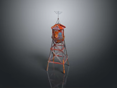 Red Metal Watchtower With Top Cabin And Weather Vane On Dark Background 3d model