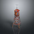 Red Metal Watchtower With Top Cabin And Weather Vane On Dark Background