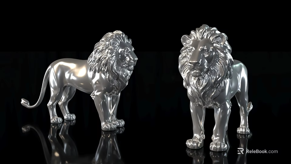 Two Polished Silver Lion Statues Standing On Reflective Black Surface 3d model 
