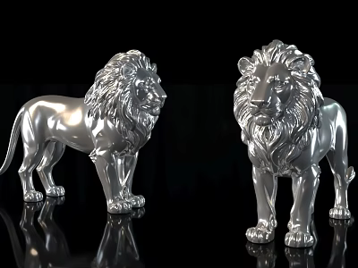 Two Polished Silver Lion Statues Standing On Reflective Black Surface 3d model