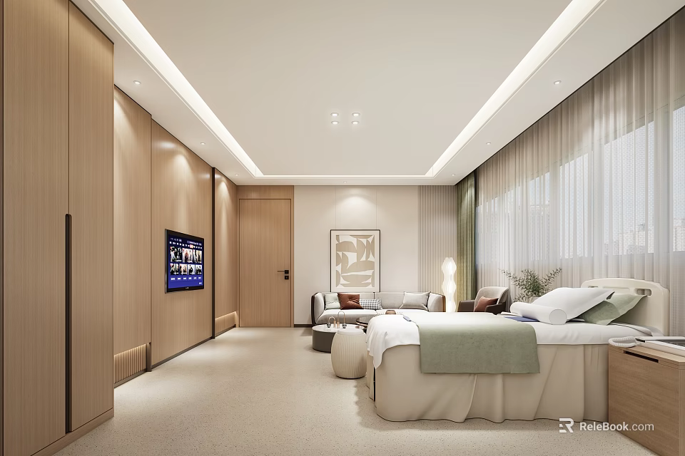 Modern Hospital Inpatient Room Interior With Bed TV And Sofa 3d model 