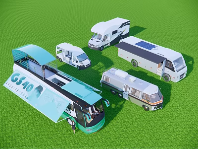 Various Types of Recreational Vehicles Parked on Green Grass Field 3d model