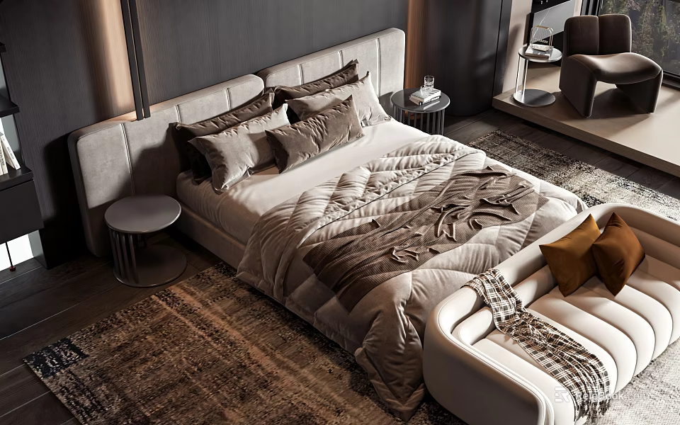 Modern Luxury Double Bed With Gray Upholstered Headboard Neutral Bedding Round Nightstands And Textured Rug 3d model 
