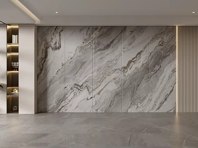 Modern Sofa Background Wall Design With Marble Vein Texture And Built in Shelves 3d model