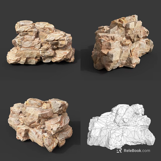 Natural Rock Formations Displayed In Various Angles With Textured Surfaces And Wireframe Model 3d model