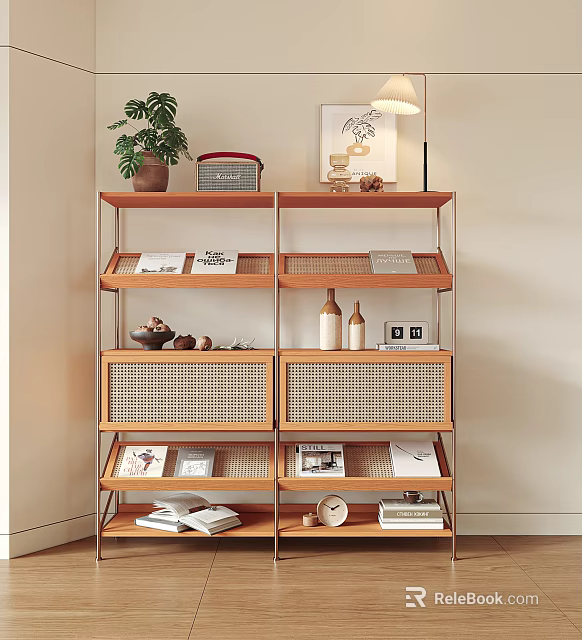 Wooden Shelving Unit With Rattan Drawers Compartments Books Decorative Plant And Lamp 3d model 
