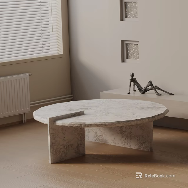 Modern Living Room Sofa Coffee Table Set with Round Marble Design and Small Sculpture 3d model 