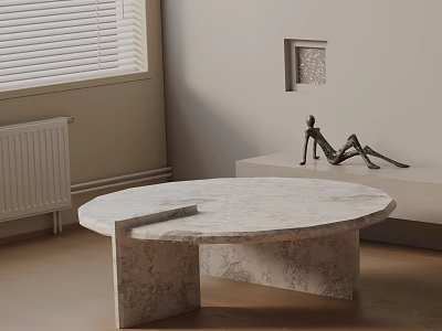 Modern Living Room Sofa Coffee Table Set with Round Marble Design and Small Sculpture 3d model
