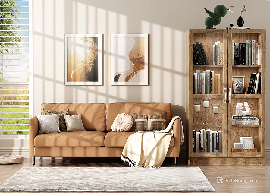 Cozy Living Room Interior With Brown Sofa Paintings Bookshelf Green Plant And Sunlight 3d model 