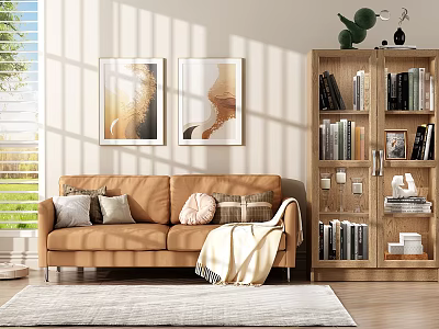 Cozy Living Room Interior With Brown Sofa Paintings Bookshelf Green Plant And Sunlight 3d model