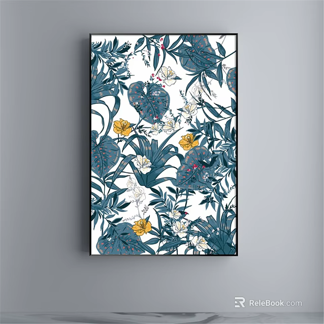Vibrant Tropical Botanical Painting With Blue Leaves Yellow Flowers And Green Foliage 3d model 
