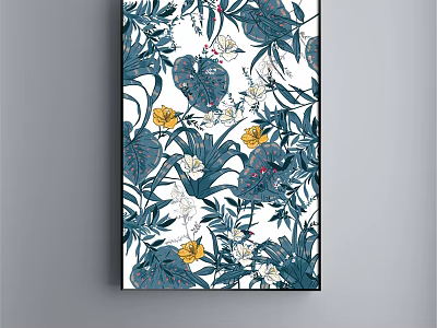 Vibrant Tropical Botanical Painting With Blue Leaves Yellow Flowers And Green Foliage 3d model
