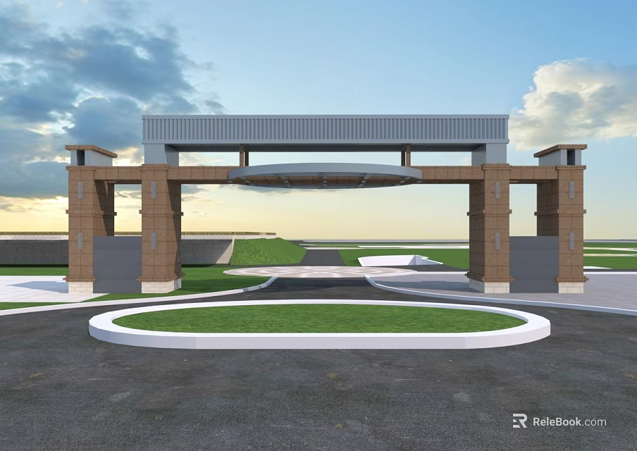 Modern Entrance Gate With Tall Brick Pillars Circular Lawn And Blue Sky 3d model 