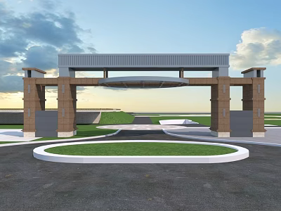 Modern Entrance Gate With Tall Brick Pillars Circular Lawn And Blue Sky 3d model