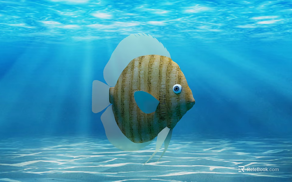 Striped Aquatic Fish Swimming In Blue Underwater With Sunlight Rays And Sandy Bottom 3d model 