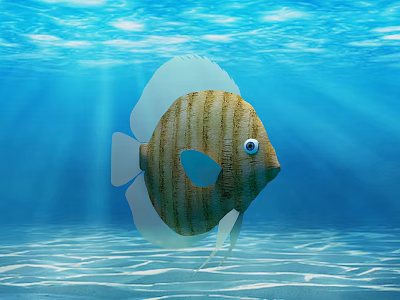 Striped Aquatic Fish Swimming In Blue Underwater With Sunlight Rays And Sandy Bottom 3d model
