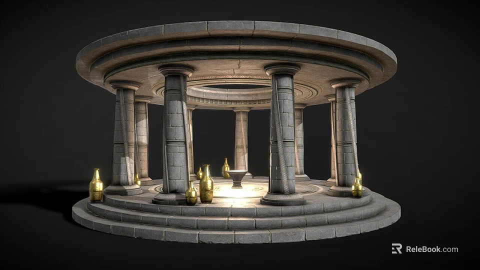 Ancient Circular Stone Rotunda With Columns Golden Vases And Illuminated Center 3d model 