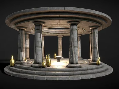 Ancient Circular Stone Rotunda With Columns Golden Vases And Illuminated Center 3d model
