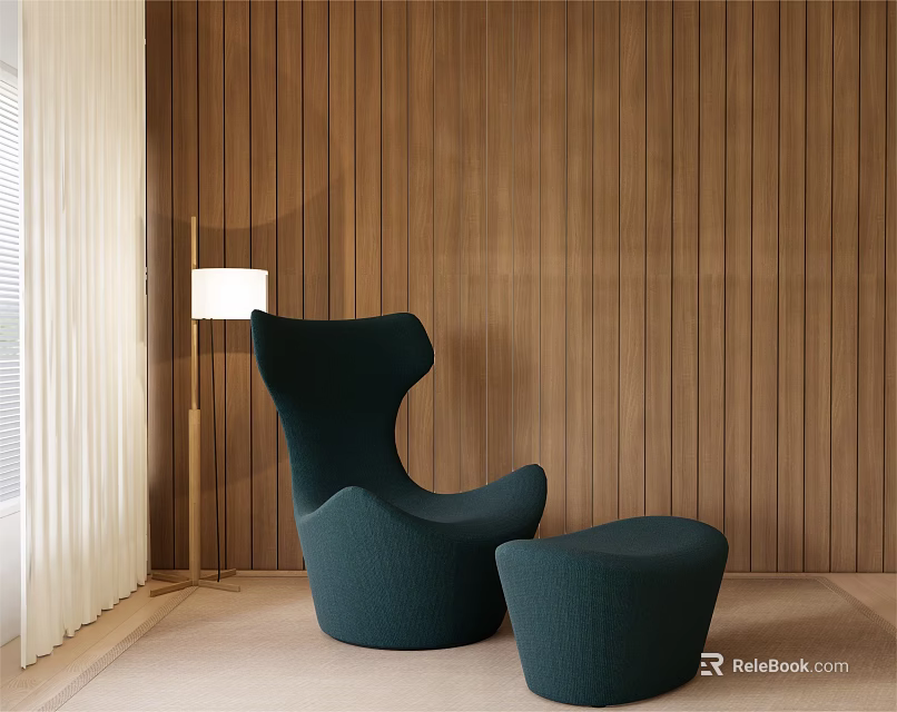Teal Armchair With Ottoman Floor Lamp Light Colored Floor And Wooden Wall 3d model 