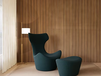 Teal Armchair With Ottoman Floor Lamp Light Colored Floor And Wooden Wall 3d model