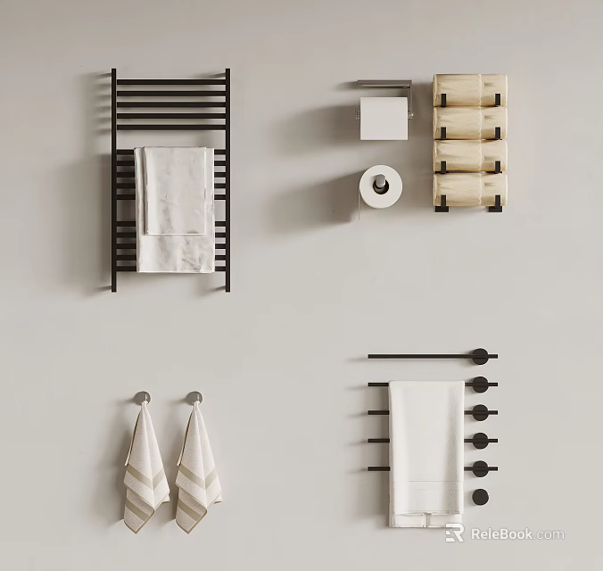 Sleek Modern Bathroom Accessories With Black Towel Rail White Towels Toilet Paper Holder And Hooks 3d model 