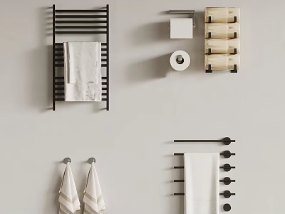 Sleek Modern Bathroom Accessories With Black Towel Rail White Towels Toilet Paper Holder And Hooks 3d model