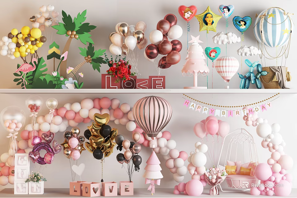 Colorful Balloons Including Heart Star Hot Air Shapes And LOVE Letters For Party Decorations 3d model 