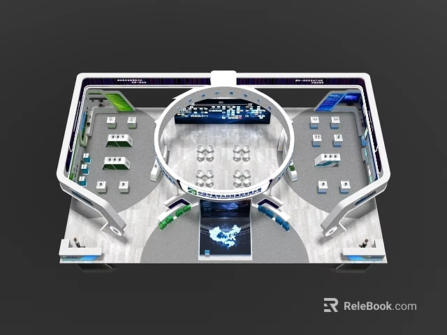 3D Exhibition Booth Design With Circular Structure And Blue Logo Display Areas 3d model 