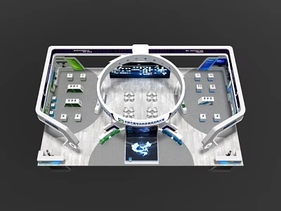 3D Exhibition Booth Design With Circular Structure And Blue Logo Display Areas 3d model