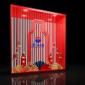 Red Window Display With Vertical Stripes Wine Bottle Shape And Gold Fans Decoration