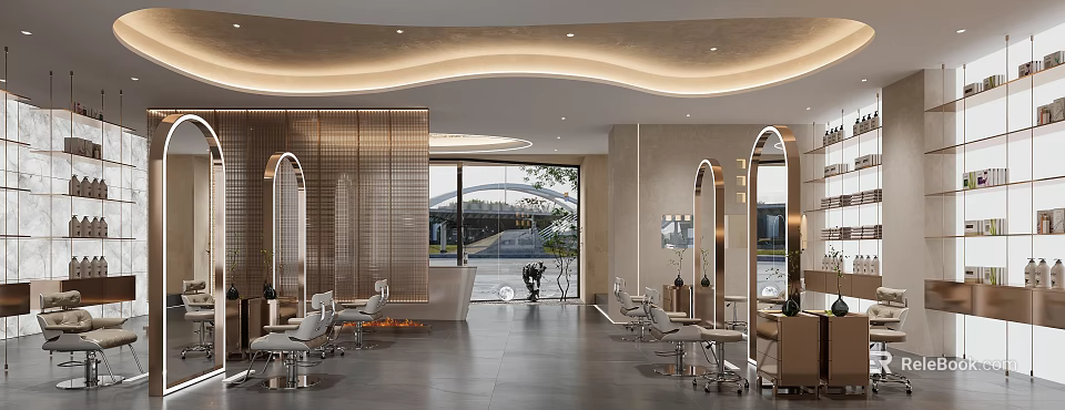 Modern Beauty Hair Salon Interior Design With Stylish Chairs Large Mirrors And Ambient Lighting 3d model 