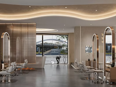 Modern Beauty Hair Salon Interior Design With Stylish Chairs Large Mirrors And Ambient Lighting 3d model