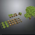 Pixel Art Style 3D Render With Tree Wooden Blocks And Small Plants
