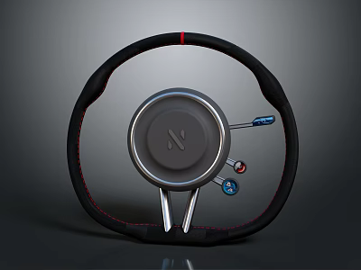 Black Leather Steering Wheel Featuring Red Stitching And Center N Logo Design 3d model