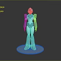 Detailed Blue And White Armored Game Movie Character With Red Head Standing On White Base