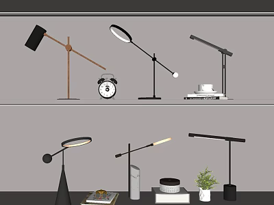 Modern Table Lamps With Adjustable Arms Alarm Clock Books And Small Plant 3d model