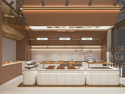 Stylish Dessert Shop Interior With White Display Counters And Assorted Pastries 3d model