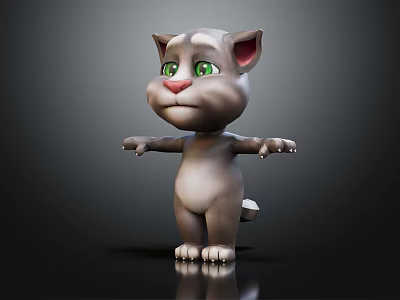 Cartoon Cat 3D Model With Green Eyes Gray Fur Standing Pose Outstretched Arms Dark Background 3d model