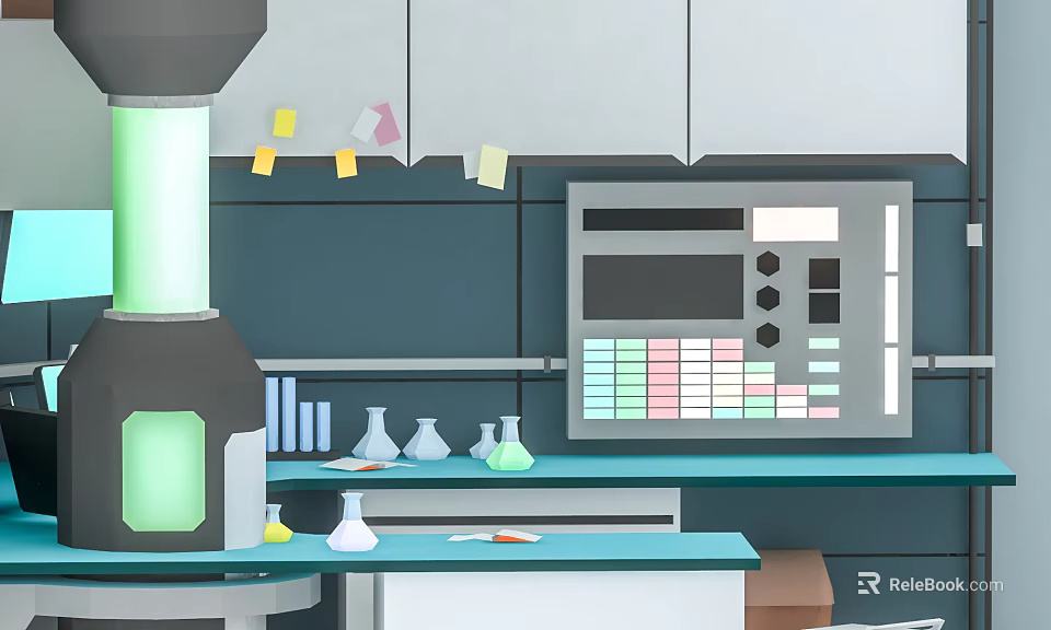 Modern Lab Themed Decorative Ornament Combination With Conical Flasks Sticky Notes And Control Panel 3d model 