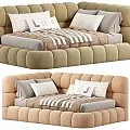 Soft Upholstered Kids Bed With Striped Bedding Multiple Color Options And Decorative Pillows