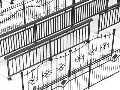 Wrought Iron Decorative Fence With Floral Scrollwork And Ornate Panels For Outdoor Landscaping 3d model